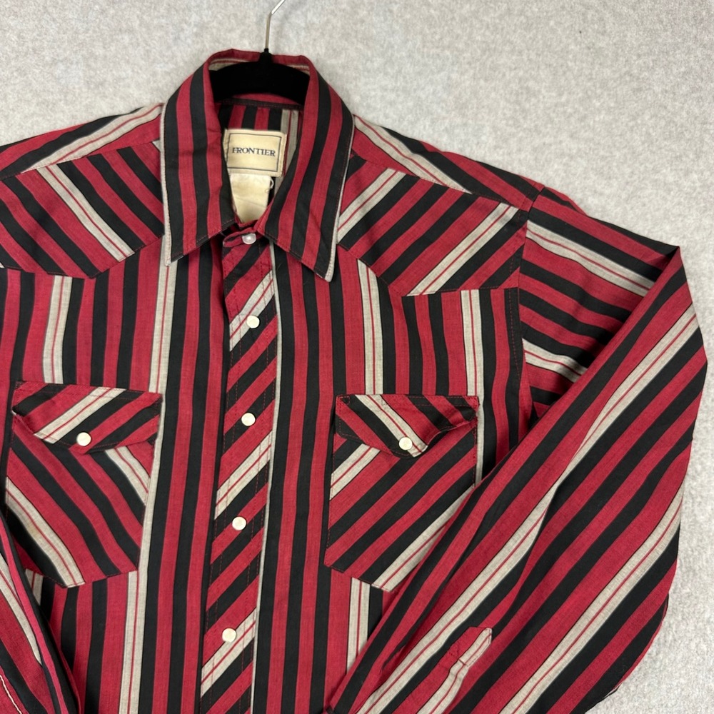Vtg 70s Frontier Mens Red Black Striped Western Pearl Snap Long Sleeve Large